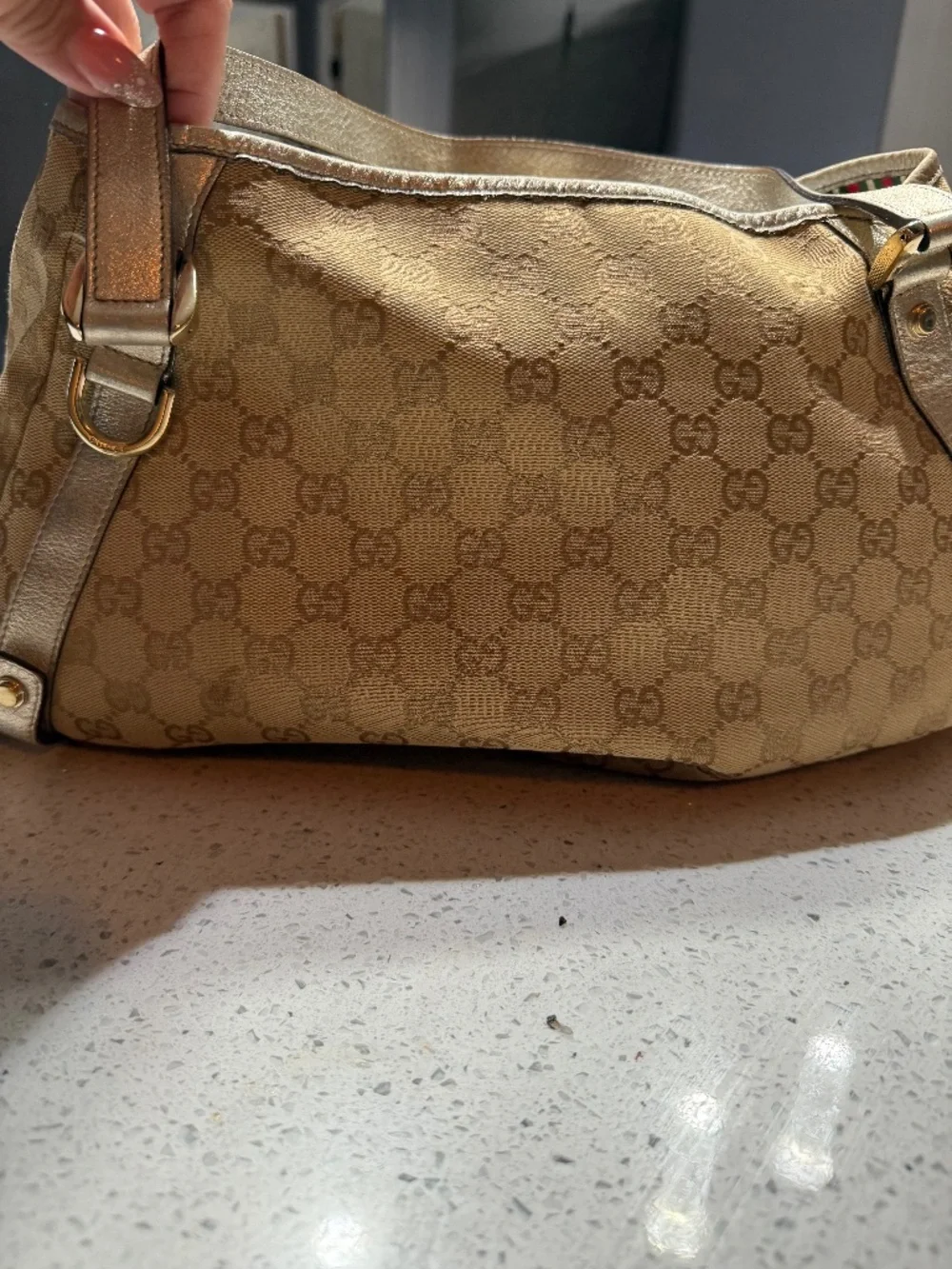 Gucci GG Canvas Shoulder Bag Gold Leather Straps Beige Monogram Web Stripe Authe